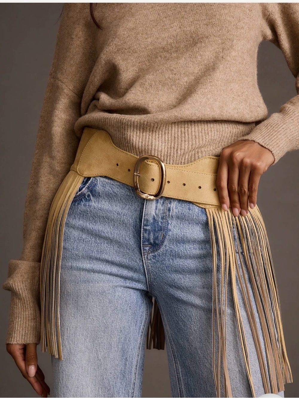 BRAND NEW 12th Tribe Fringed Suede Waist Belt - Tan